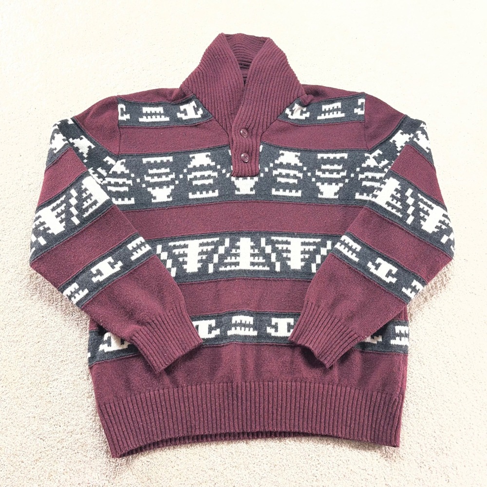 American Eagle Shawl Collar Sweater Mens XL Burgundy Southwestern Pattern Knit